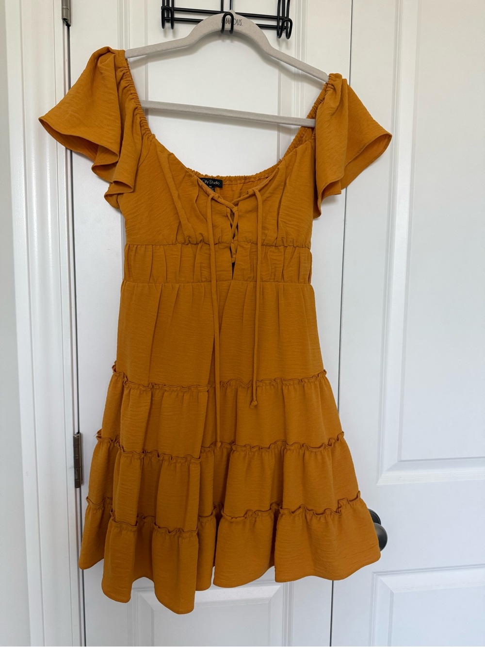 City Studio Mustard Lace-Up Tiered Mini Dress